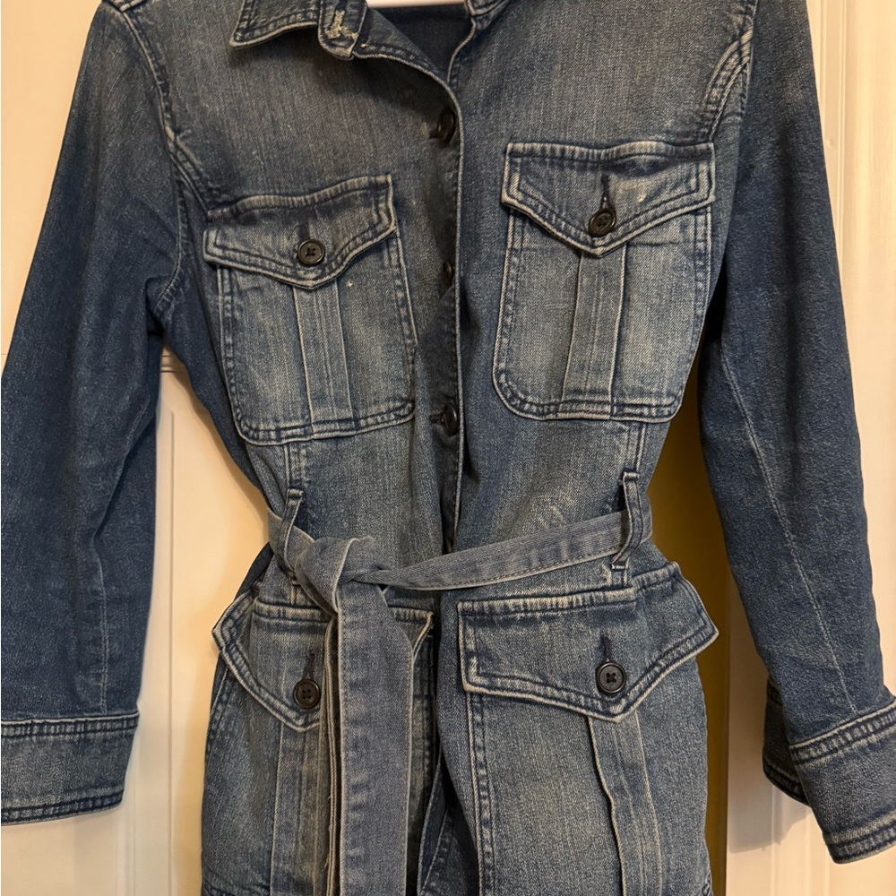 Lauren Ralph Lauren Distressed Denim Utility Jacket with Self-tie Belt - Blue